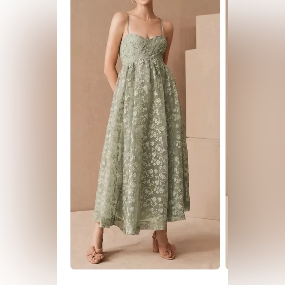 BHLDN Sage Green Lace Spaghetti Strap Dress